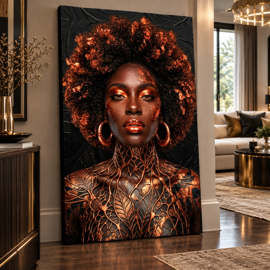 Black Woman Wall Art – Afrocentric Black & Copper Portrait Canvas Print | Luxury Home Decor