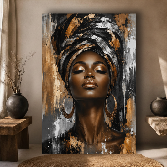 Black Woman Wall Art – Afrocentric Gold & Black Canvas Print | Luxury African American Queen Wall Decor