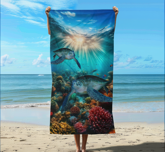 Sea Turtles in Tropical Ocean Reef Beach Towel