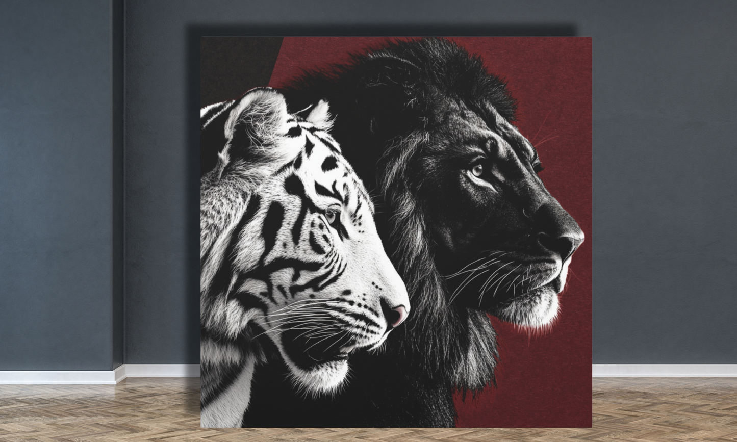 Black and White Lion and Tiger Heads Canvas Art