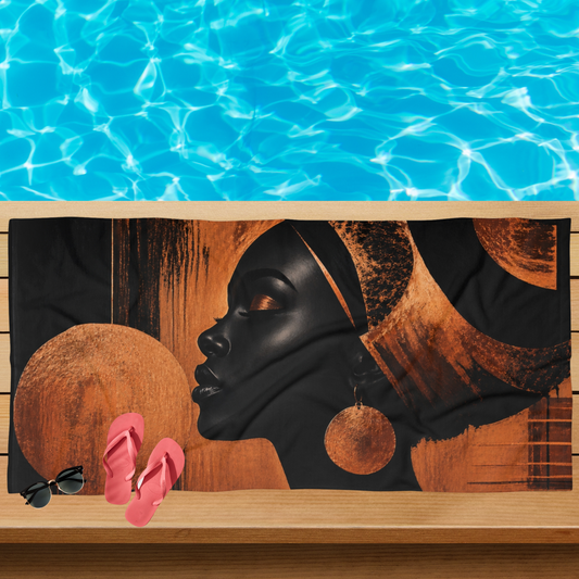 Black Woman Beach Towel / Soulful Queen in Copper & Black