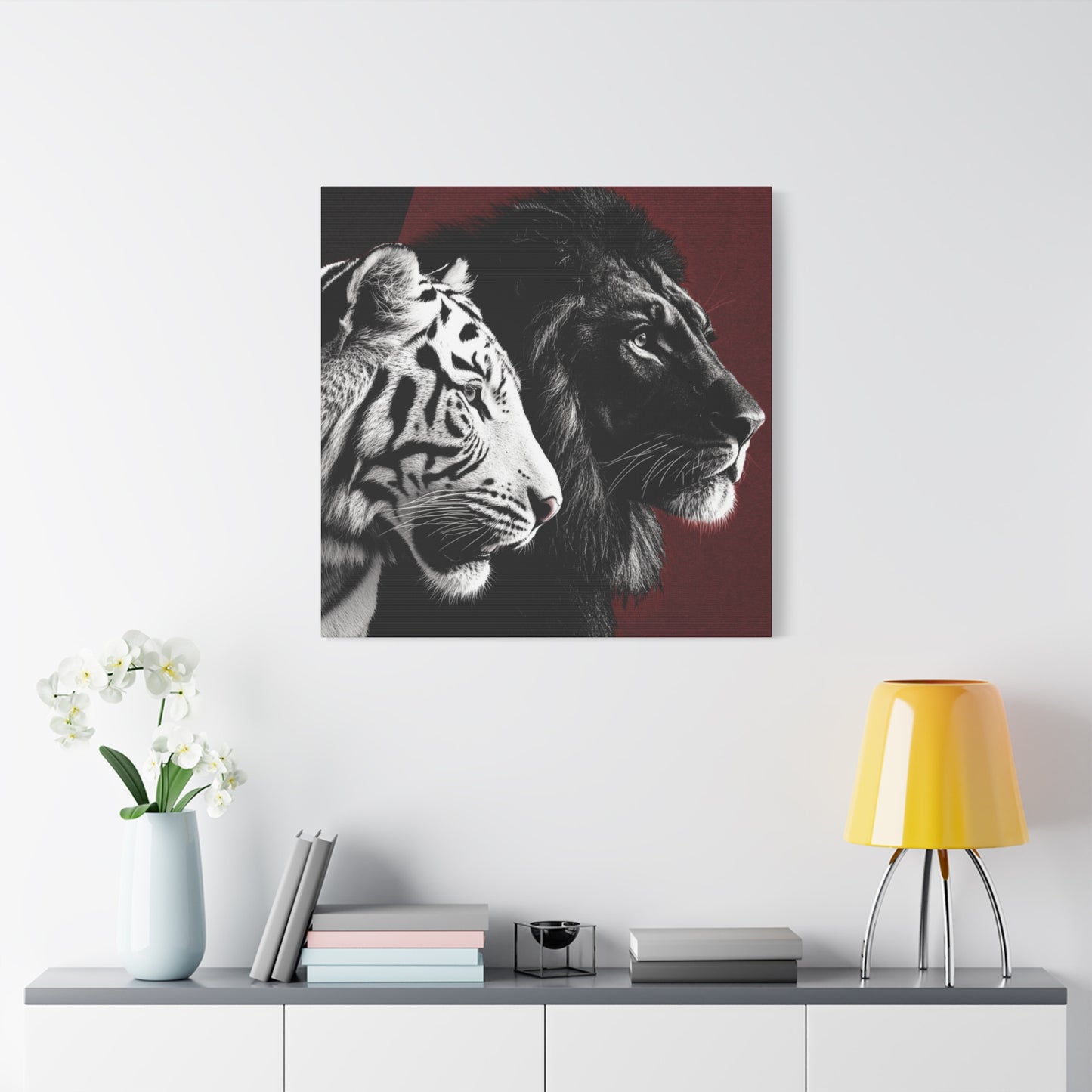 Black and White Lion and Tiger Heads Canvas Art