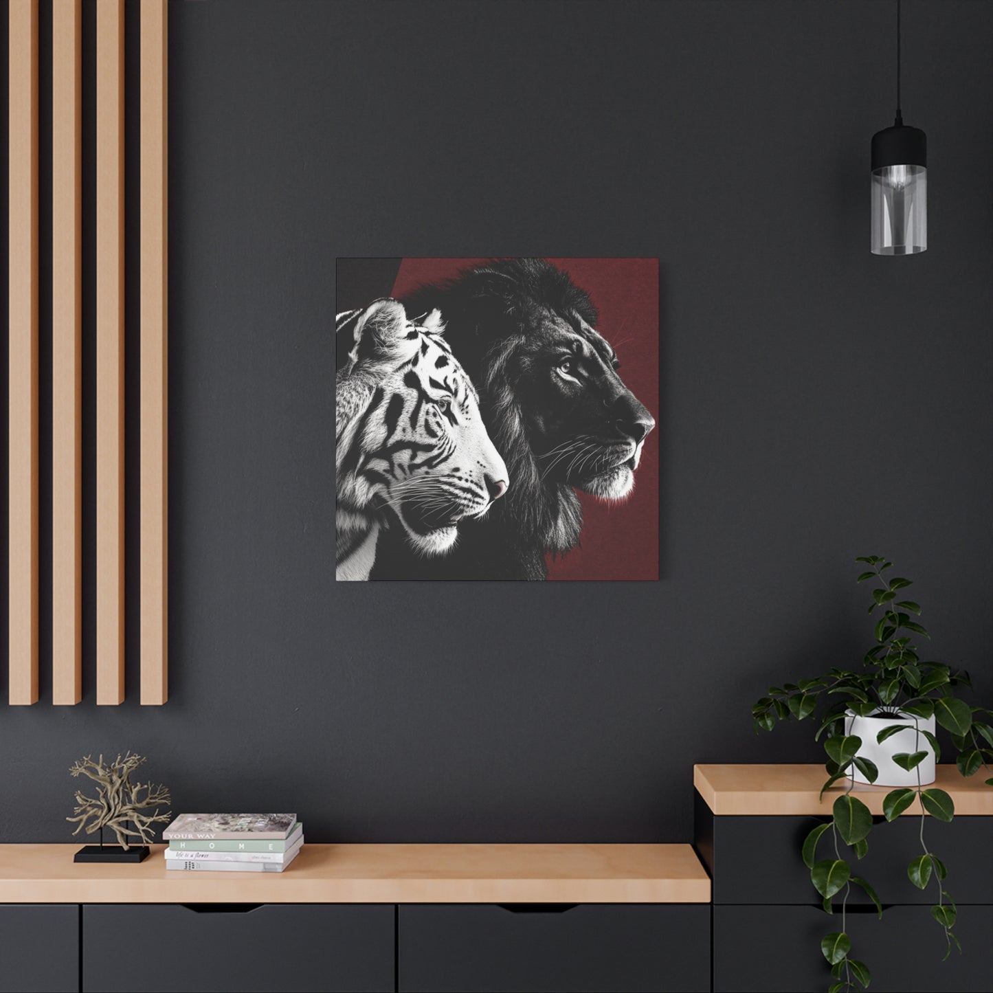 Black and White Lion and Tiger Heads Canvas Art