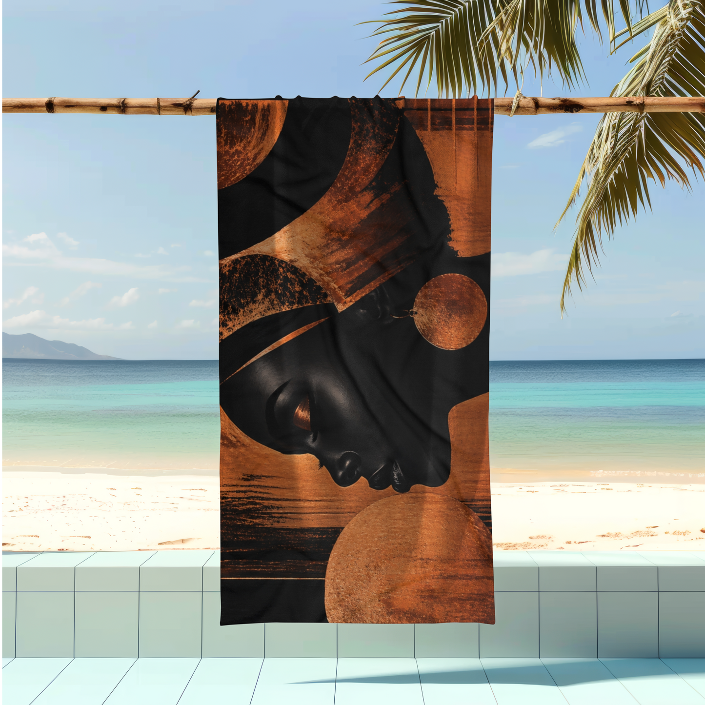 Black Woman Beach Towel / Soulful Queen in Copper & Black