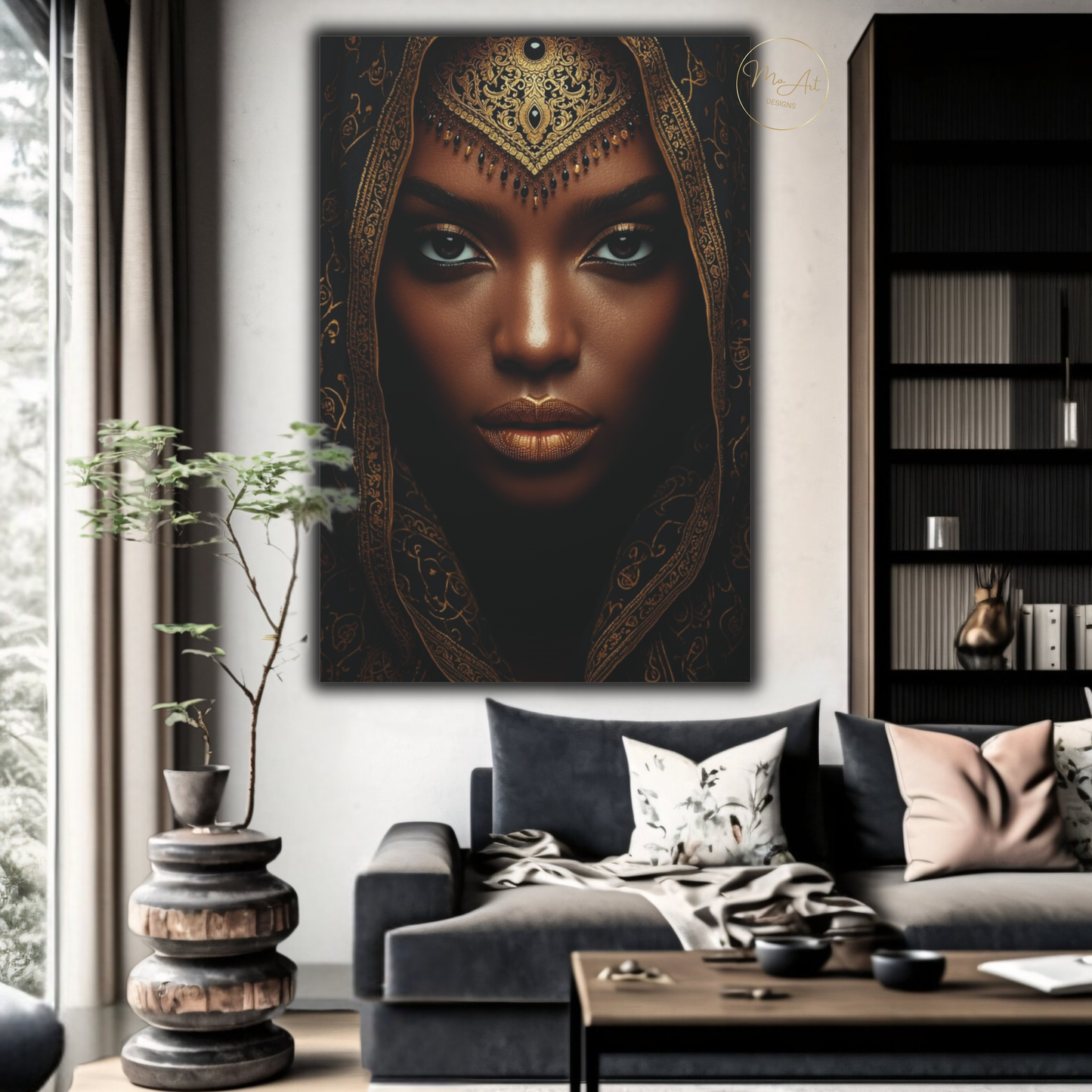 Black Woman Wall Art – African Goddess Queen | Black & Gold Luxury Canvas Print