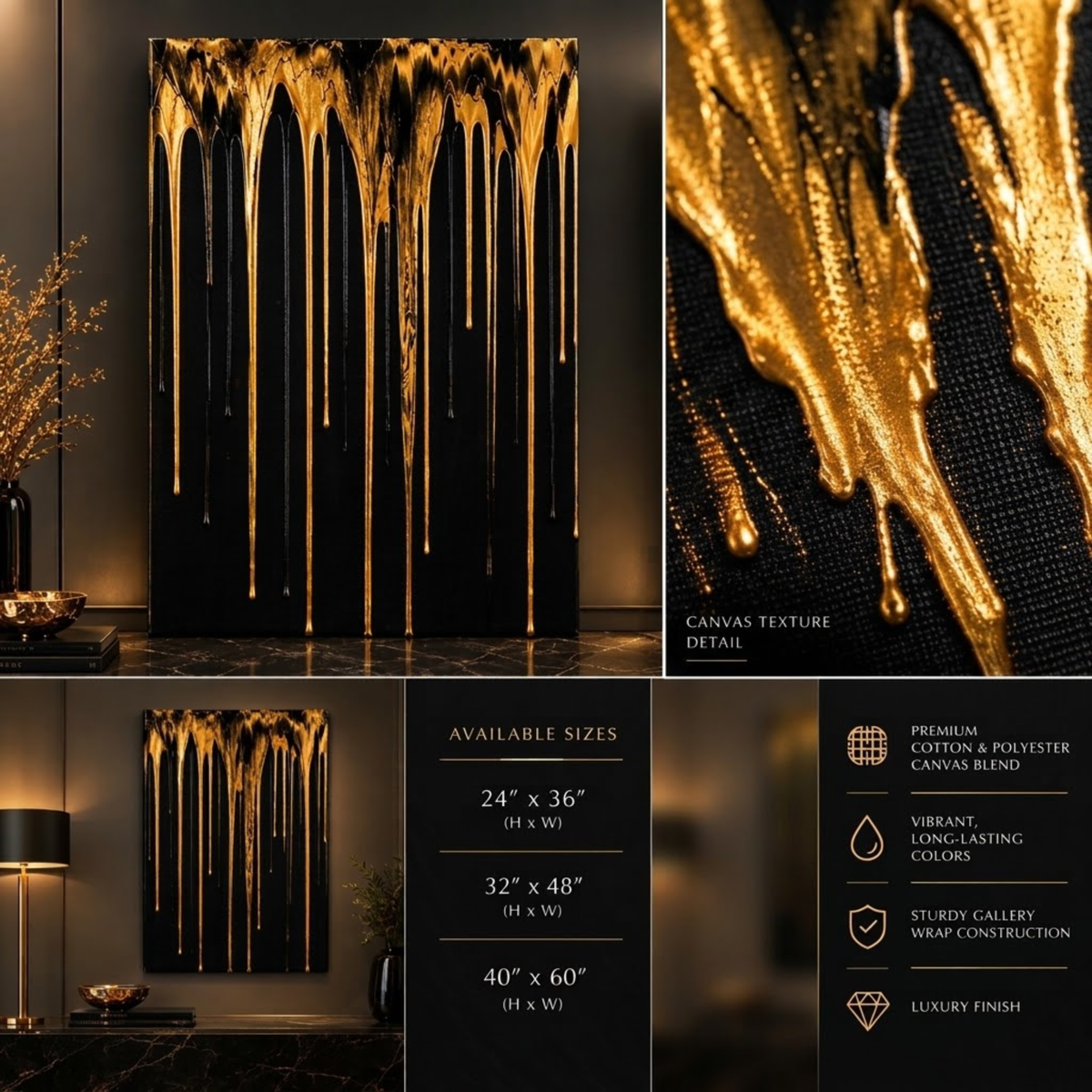 Abstract Modern Gold & Black Drip Canvas Print | Luxury Home Wall Decor