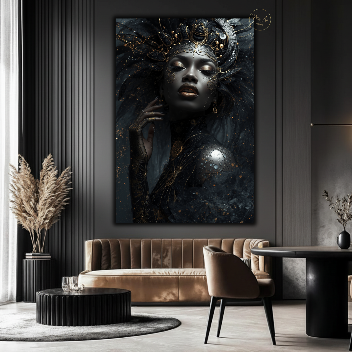 Black Woman Wall Art – Regal Afrocentric Queen | Luxury Black & Gold Canvas Print