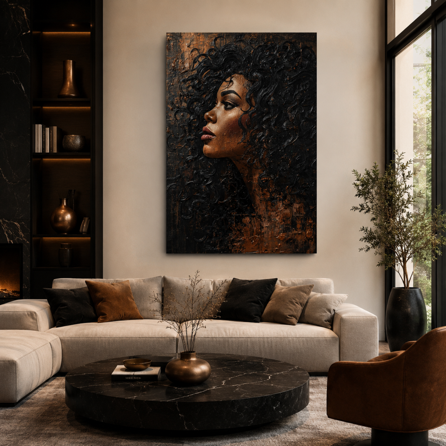 Black Woman Wall Art – Afrocentric Abstract Portrait Canvas Print | Black & Copper Wall Art