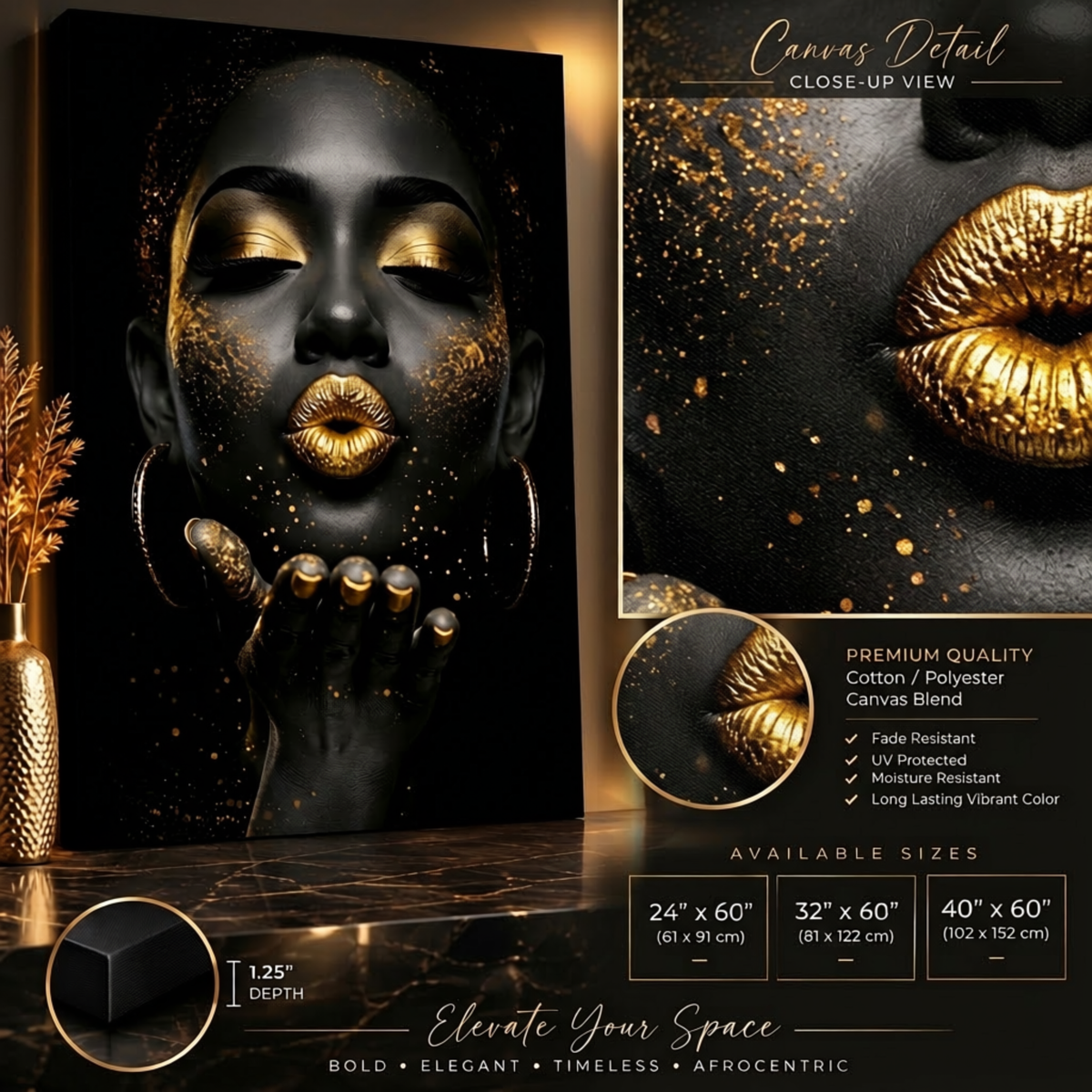 Black Woman Wall Art – Kiss of Gold | Afrocentric Gold Lips Black & Gold Canvas Print