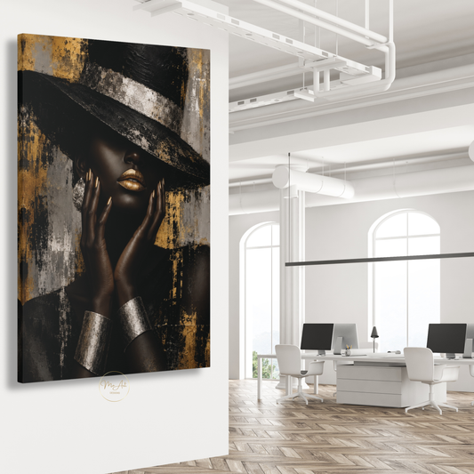 Black Woman Wall Art – Glamorous Black, Gold & Silver Abstract Canvas Print