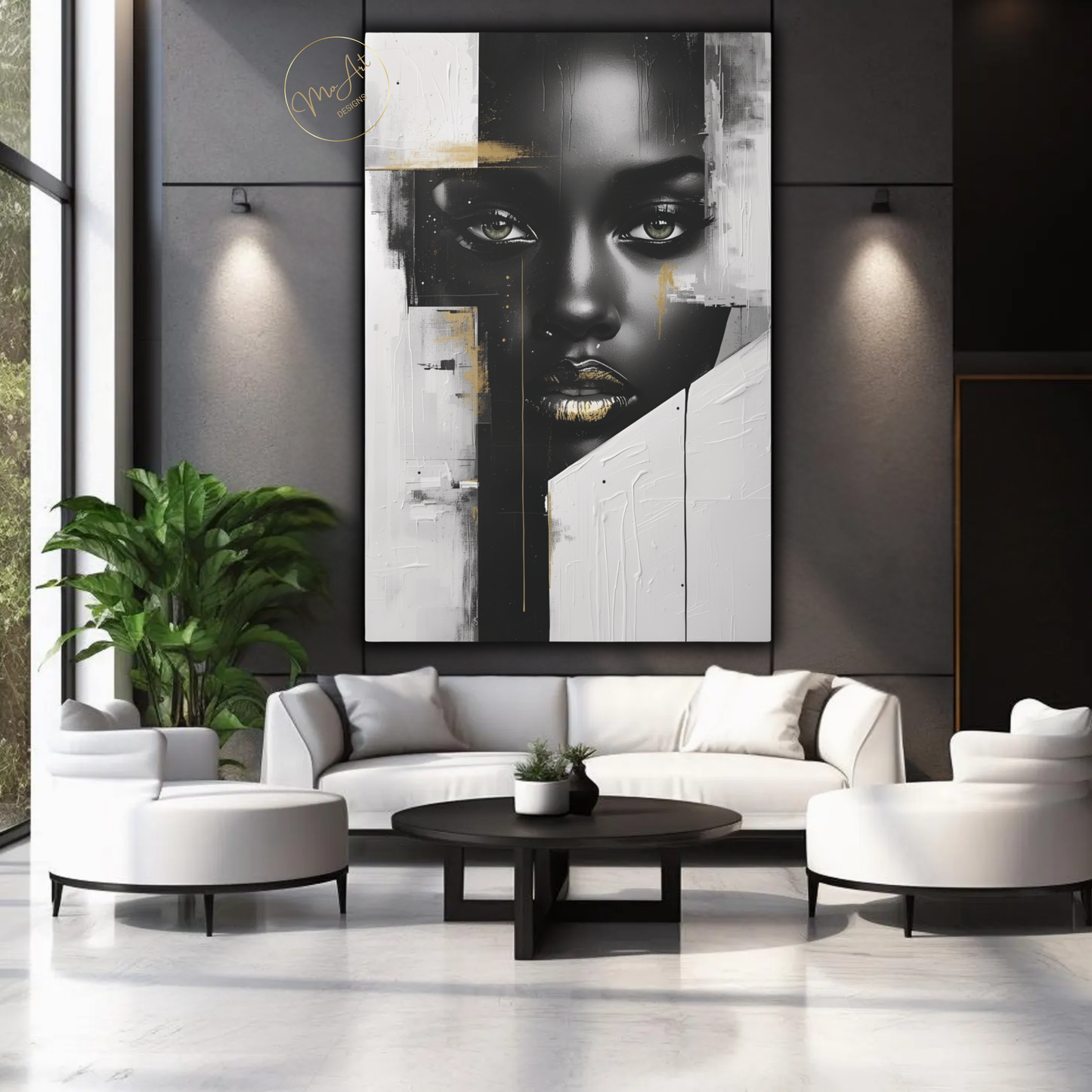 Black Woman Wall Art – Sovereign Gaze - Luxury Black, White & Gold Modern Canvas Print