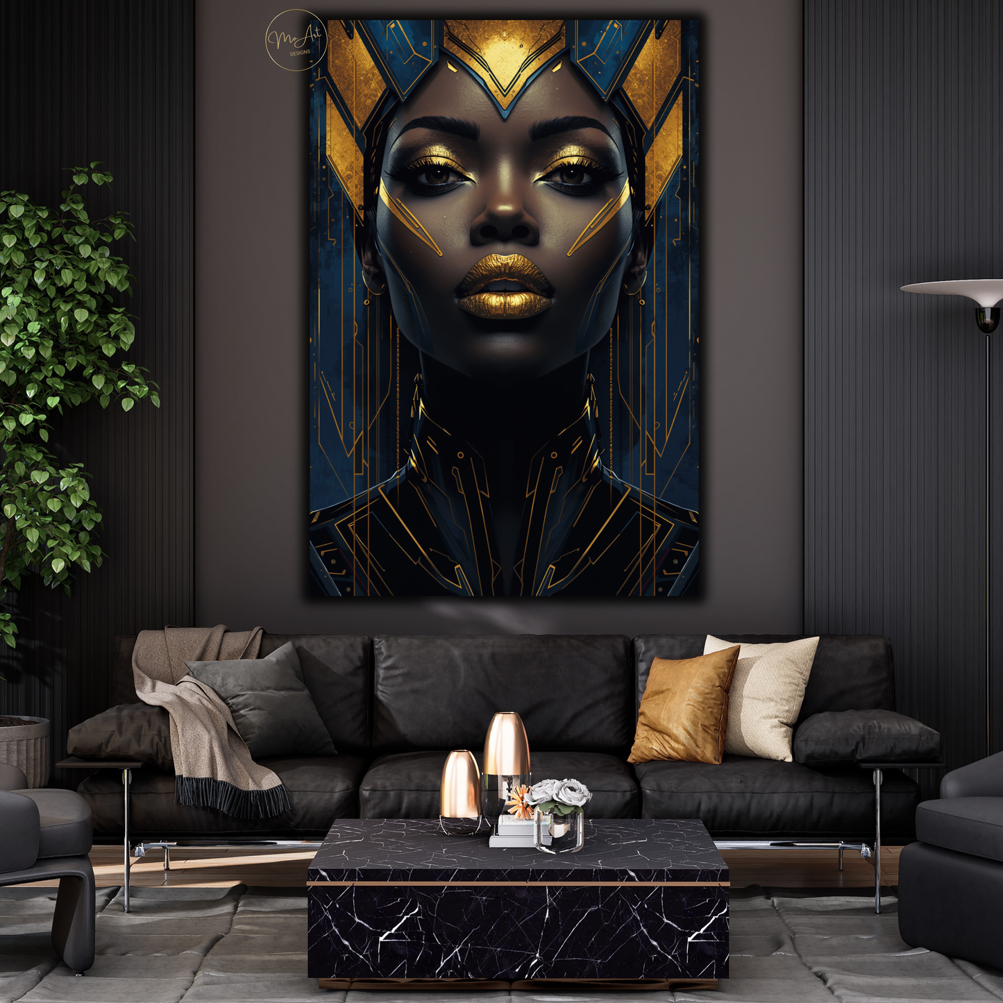 Black Woman Wall Art – Blue & Gold Afrocentric Queen Canvas Print