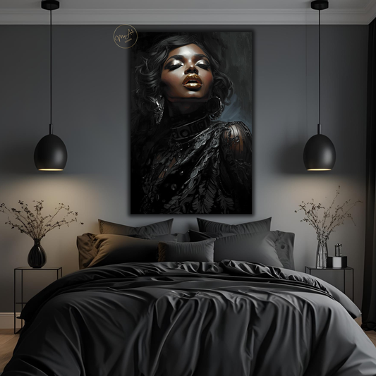 Black Woman Wall Art with Gold Lips – Elegant Afrocentric Canvas Print for Luxury Decor