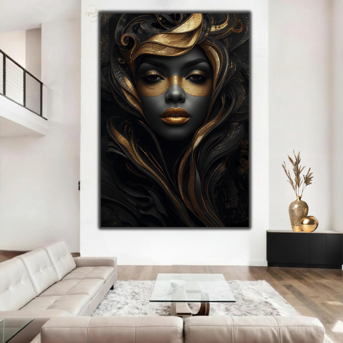 Black Woman Wall Art – Mysterious Black & Gold Afrocentric Canvas Print