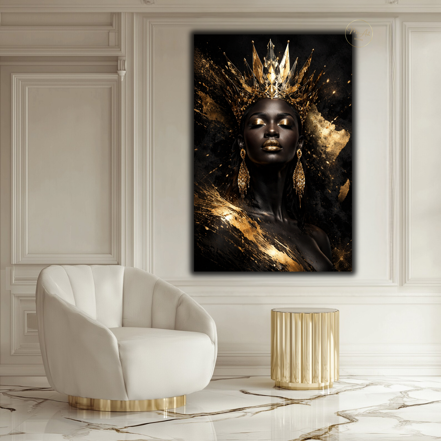 African Queen Black Woman Wall Art – Gold Crown Afrocentric Canvas Print