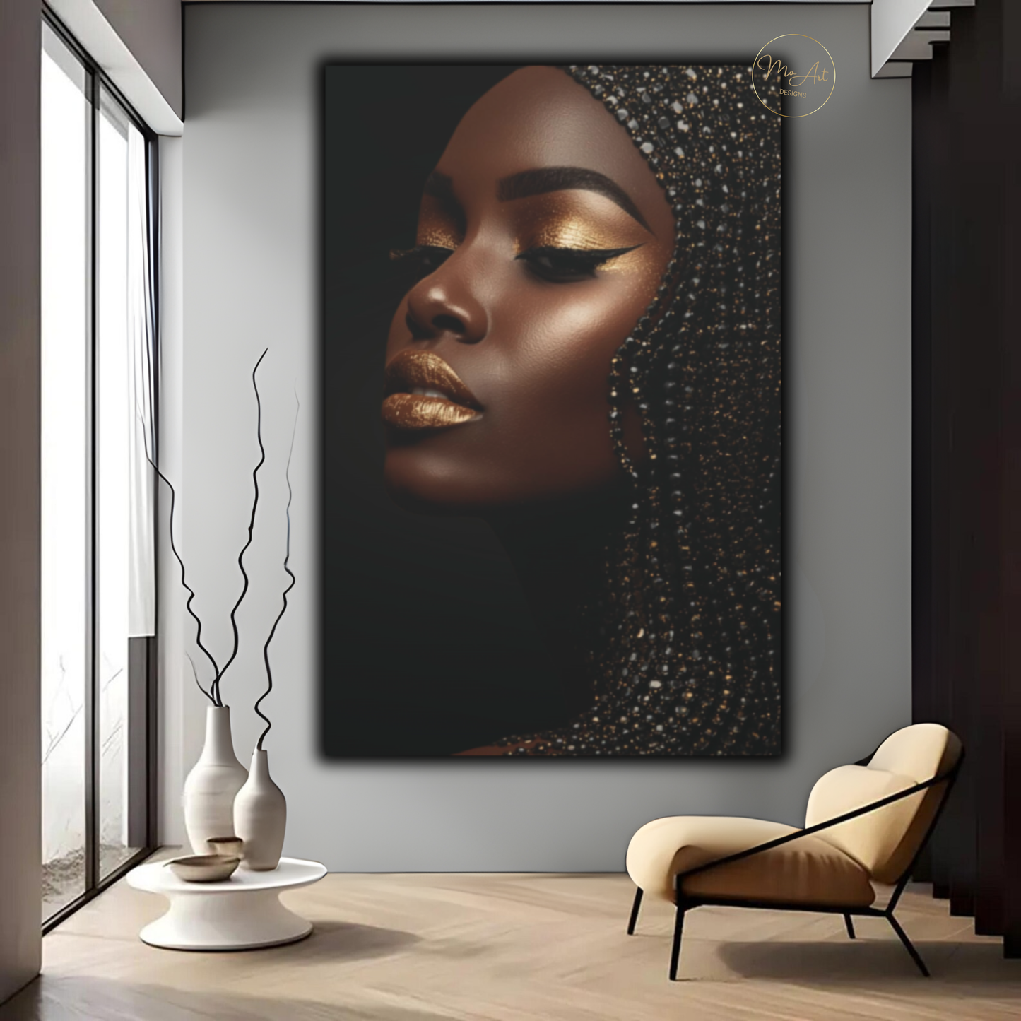 Black Woman Wall Art – Golden Radiance | Black & Gold Afrocentric Luxury Canvas Print