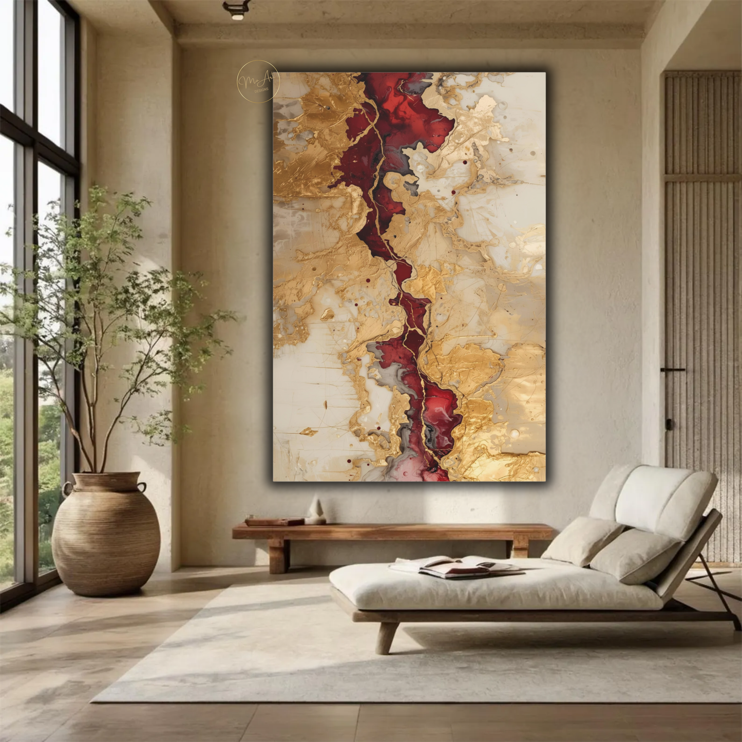 Crimson Rift – Abstract Gold Burgundy & Cream Wall Art - Vertical Canvas Print