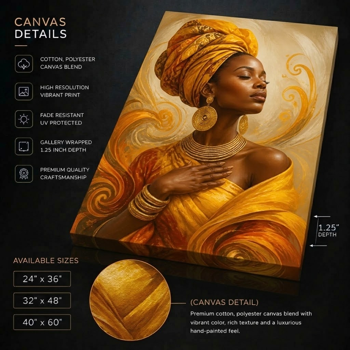 Black Woman Wall Art – Amber Serenity | Afrocentric Orange & Yellow Canvas Print