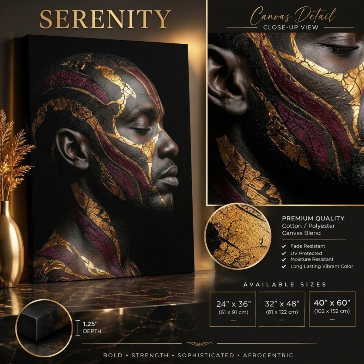 Black Man Wall Art – Serenity | Afrocentric Black, Gold & Burgundy Portrait Canvas Print
