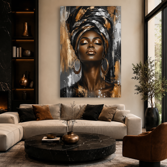 Black Woman Wall Art – Afrocentric Gold & Black Canvas Print | Luxury African American Queen Wall Decor