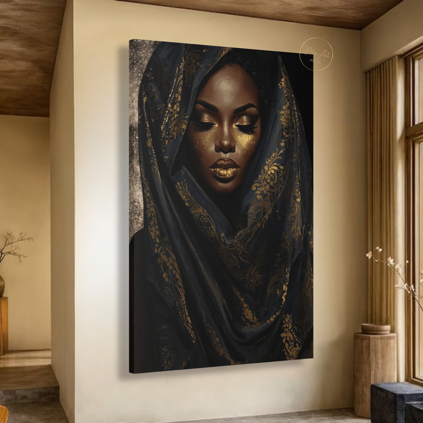 Black Woman Wall Art – Golden Veil Queen | Black & Gold Afrocentric Canvas Print