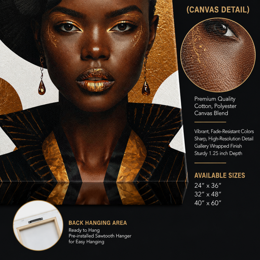 Black Woman Wall Art - Afrocentric Fashion in Black & Gold Canvas Print | Luxury African American Portrait Wall Decor