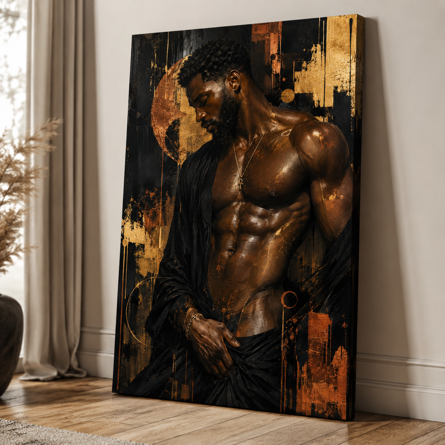 Black Man Wall Art - Seductive Afrocentric Canvas Print | Modern Black & Gold Masculine Wall Art