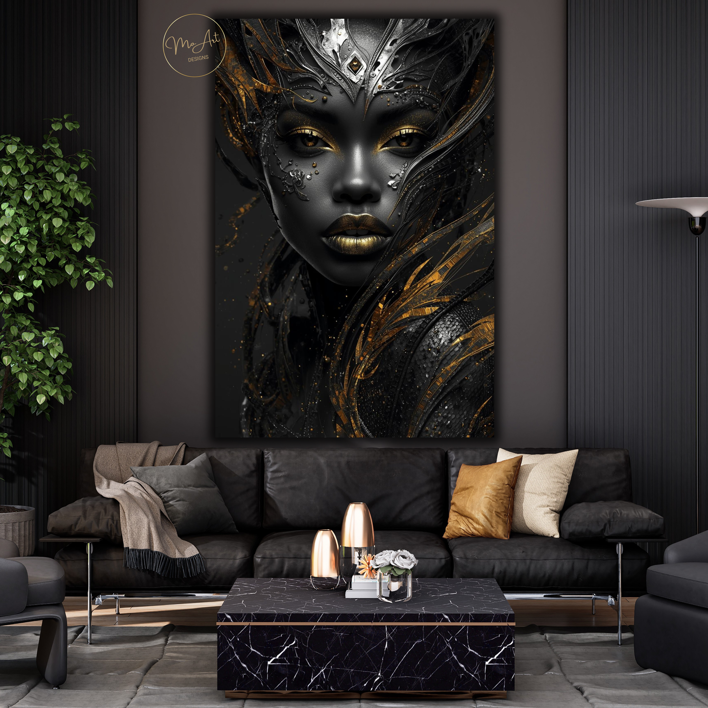 Black Woman Wall Art – Exotic Beauty / Black & Gold Afrocentric Canvas Print