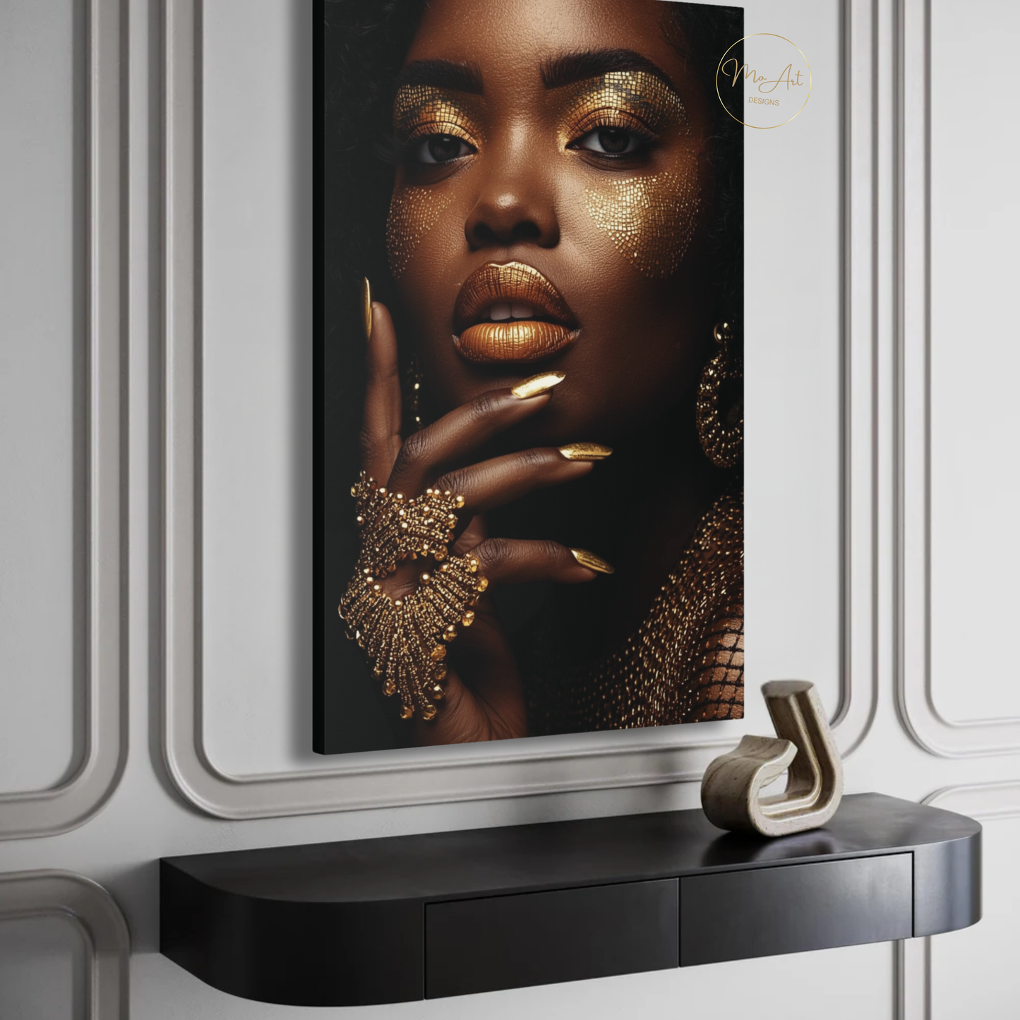 Black Woman Wall Art – Divine Glamour in Gold | Luxury Black & Gold Canvas Print