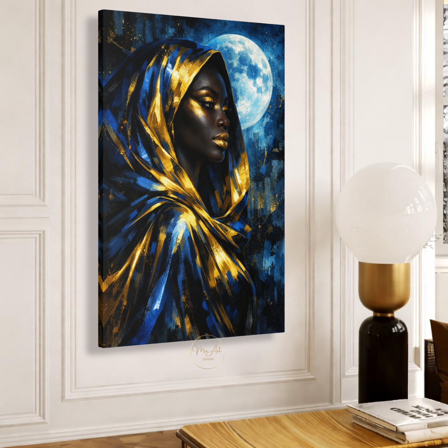 Black Woman Wall Art – Blue & Gold Afrocentric Moon Goddess Canvas Print