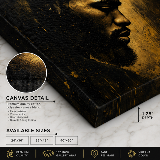Black Man Wall Art Abstract Portrait | Black and Gold Canvas Print | African American Male Art  Modern Home Decor
