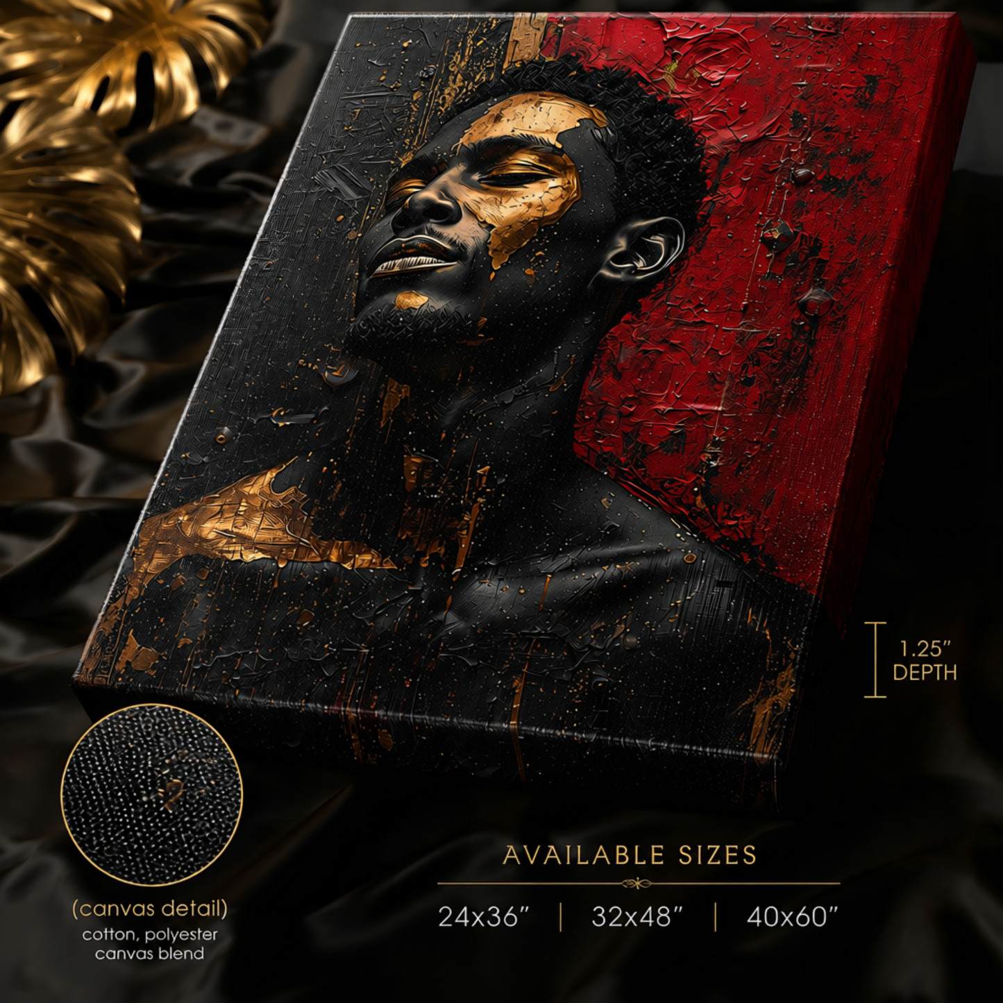 Black Man Wall Art - Afrocentric Abstract Canvas Print in Black, Gold & Red