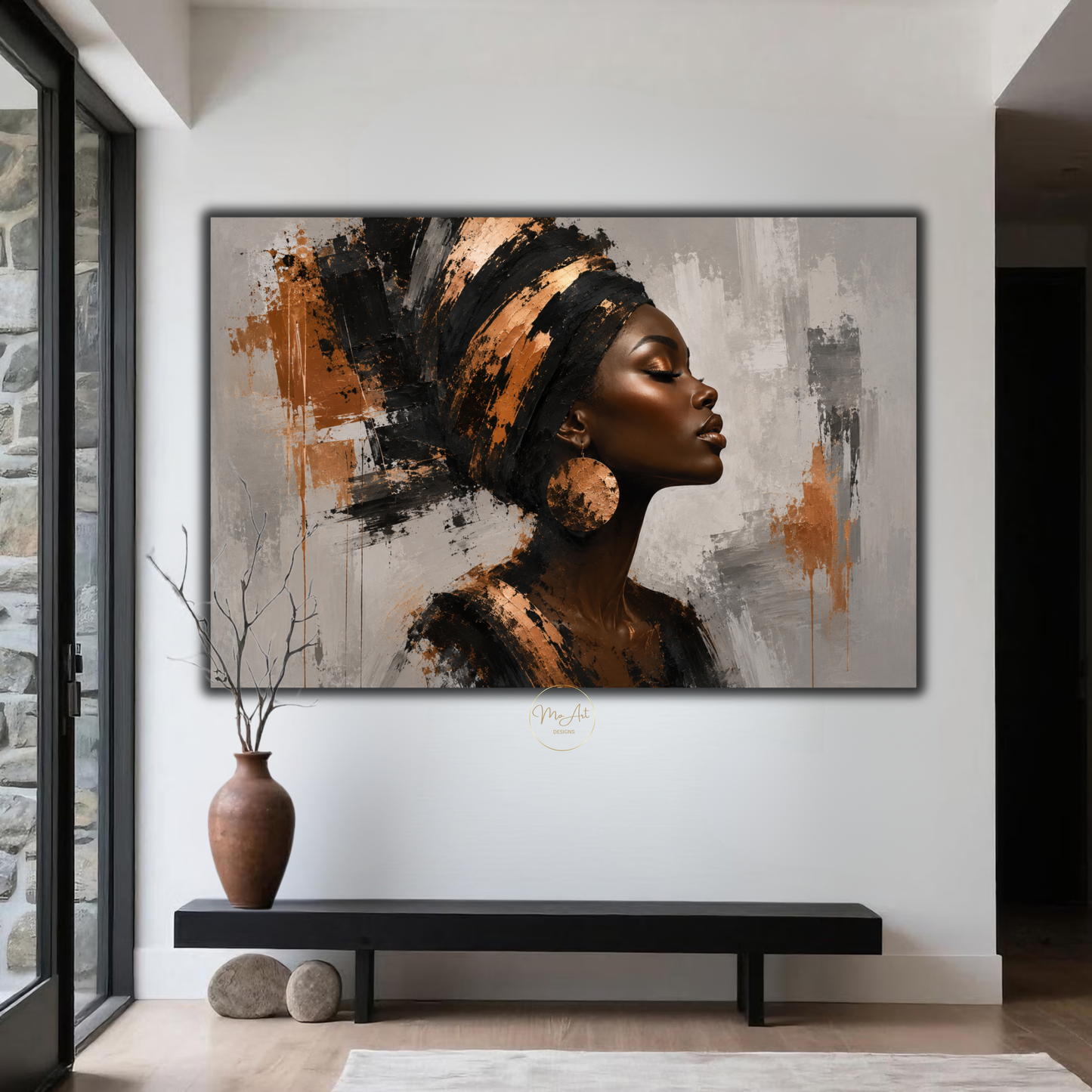 Black Woman Wall Art – Opulent Black & Copper Afrocentric Abstract Canvas Print