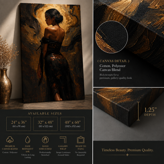 Golden Elegance Canvas Print – Luxury Abstract Female Portrait | Black, Gold & Bronze Wall Art