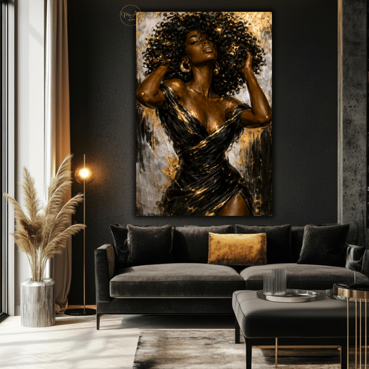Black Woman Wall Art – Sensual Afrocentric Black, Gold & Silver Abstract Canvas Print