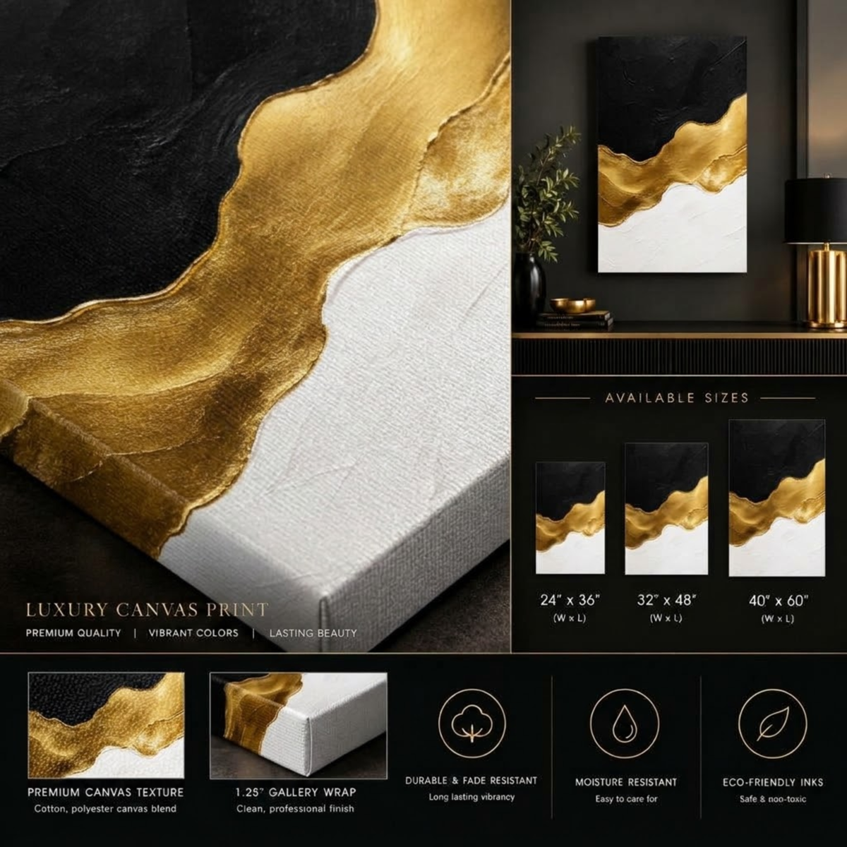 Black, Gold & White Abstract Wall Art | Luxury Canvas Print