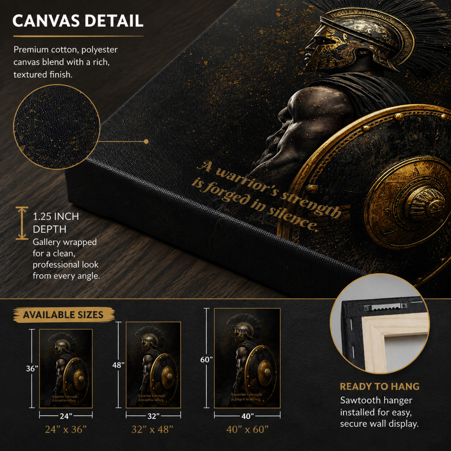 Spartan Warrior Motivational Quote Canvas Print | "Forged in Silence" Black & Gold Wall Art