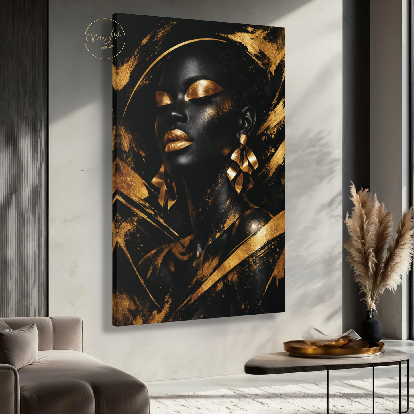 Black Woman Wall Art – Golden Goddess | Luxury Black & Gold Abstract Canvas Print