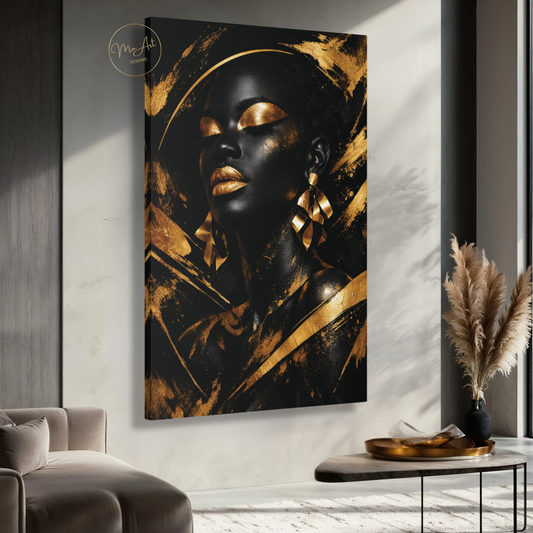 Black Woman Wall Art – Golden Goddess | Luxury Black & Gold Abstract Canvas Print