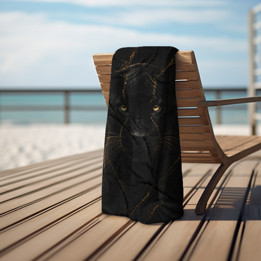Black Panther Beach Towel – Luxury Gold & Black Abstract Panther