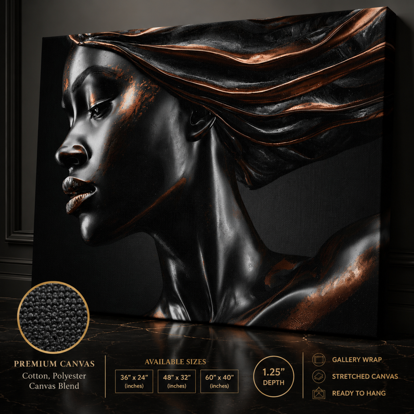 Black Woman Wall Art – Afrocentric Black & Copper Abstract Canvas Print | Modern Luxury Decor
