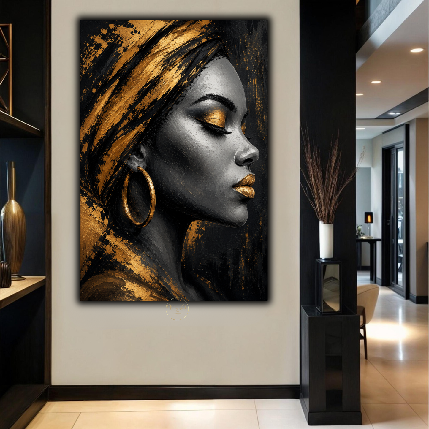 Black Woman Wall Art – Luxury Black & Gold Afrocentric Portrait Canvas Print