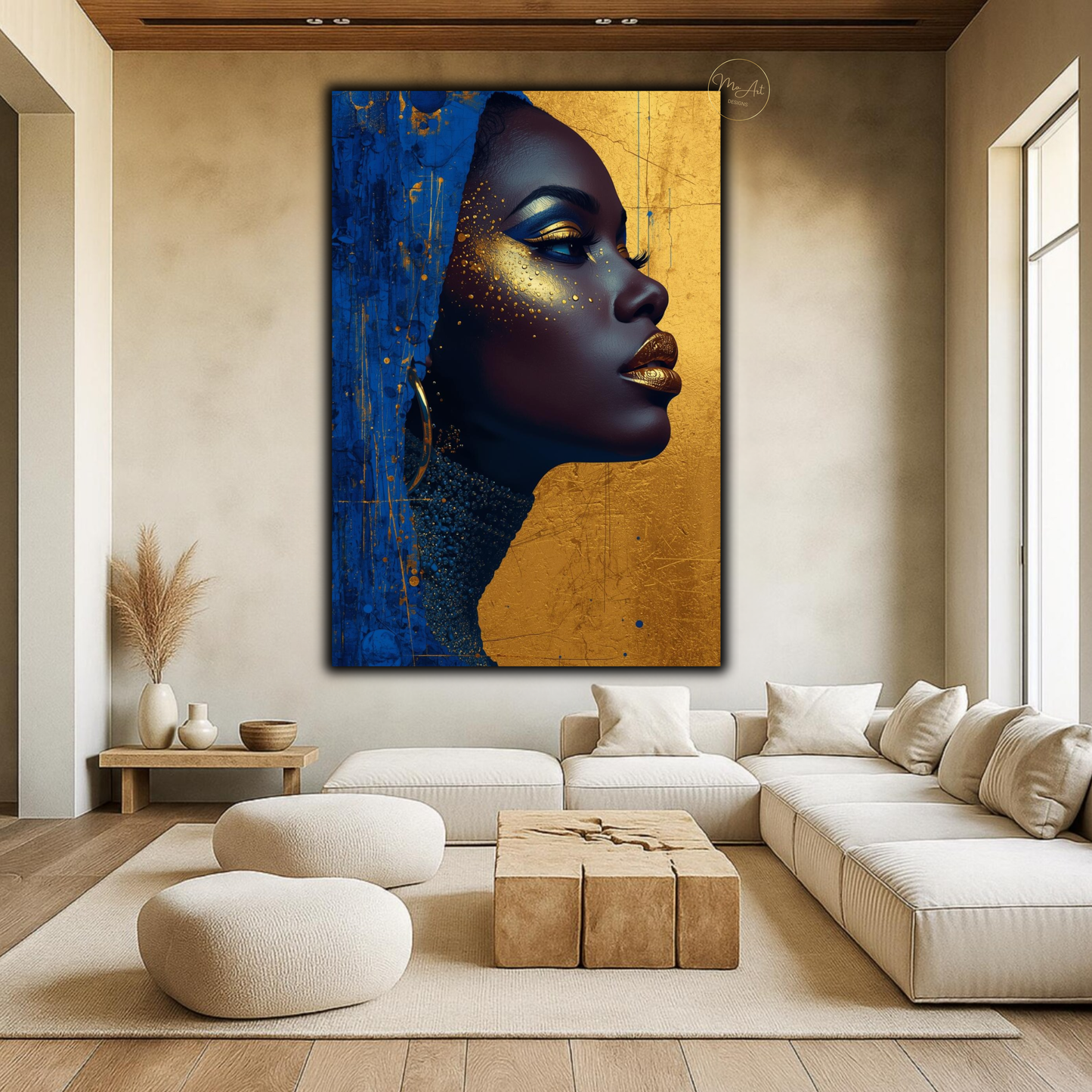 Black Woman Wall Art – Royal Blue & Gold Abstract Afrocentric Beauty Canvas Print