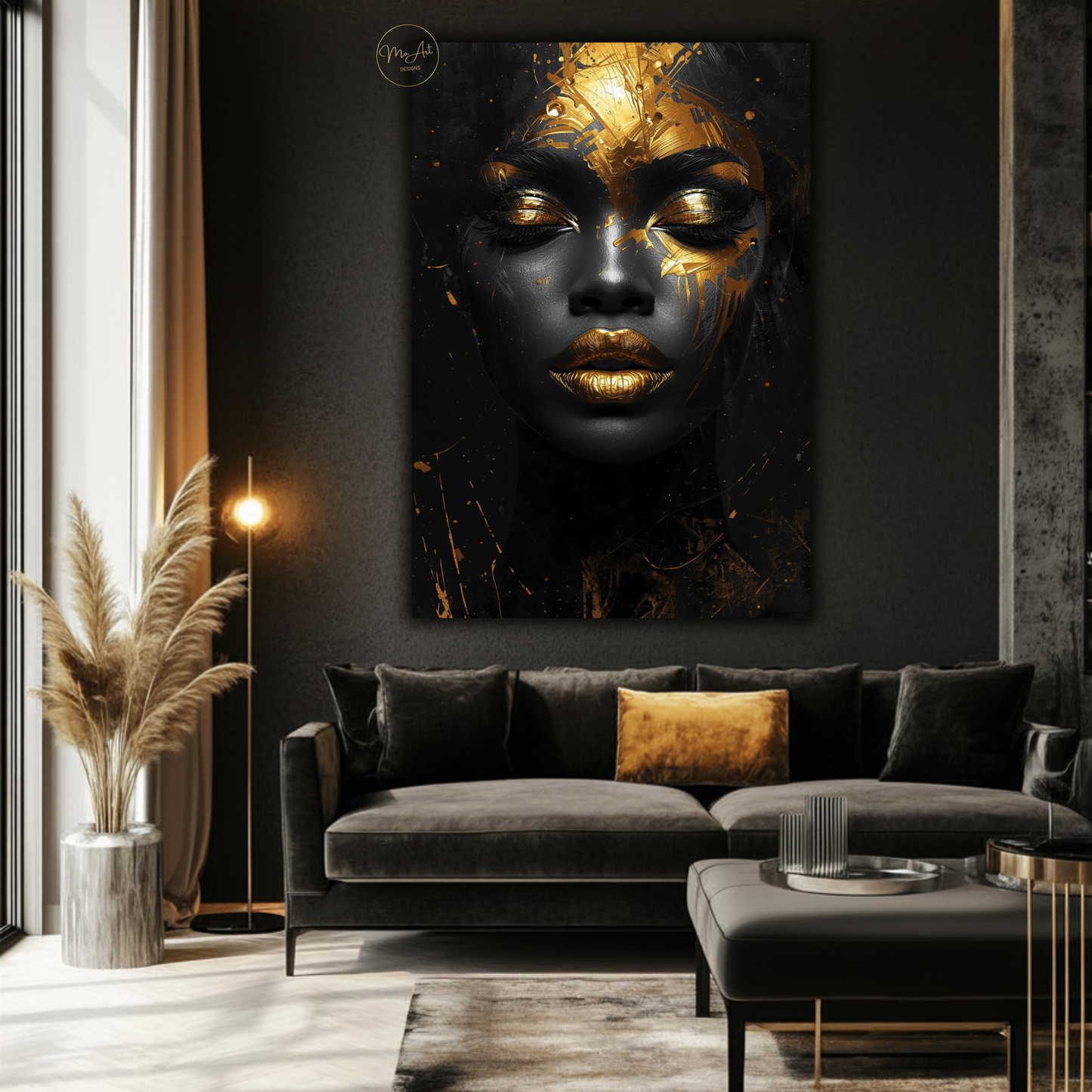 Black Woman Wall Art – Afrocentric Black & Gold Abstract Portrait Canvas Print