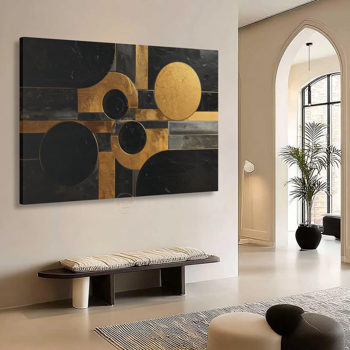 Black & Gold Geometric Abstract Wall Art – Luxury Modern Circle & Square Canvas Print