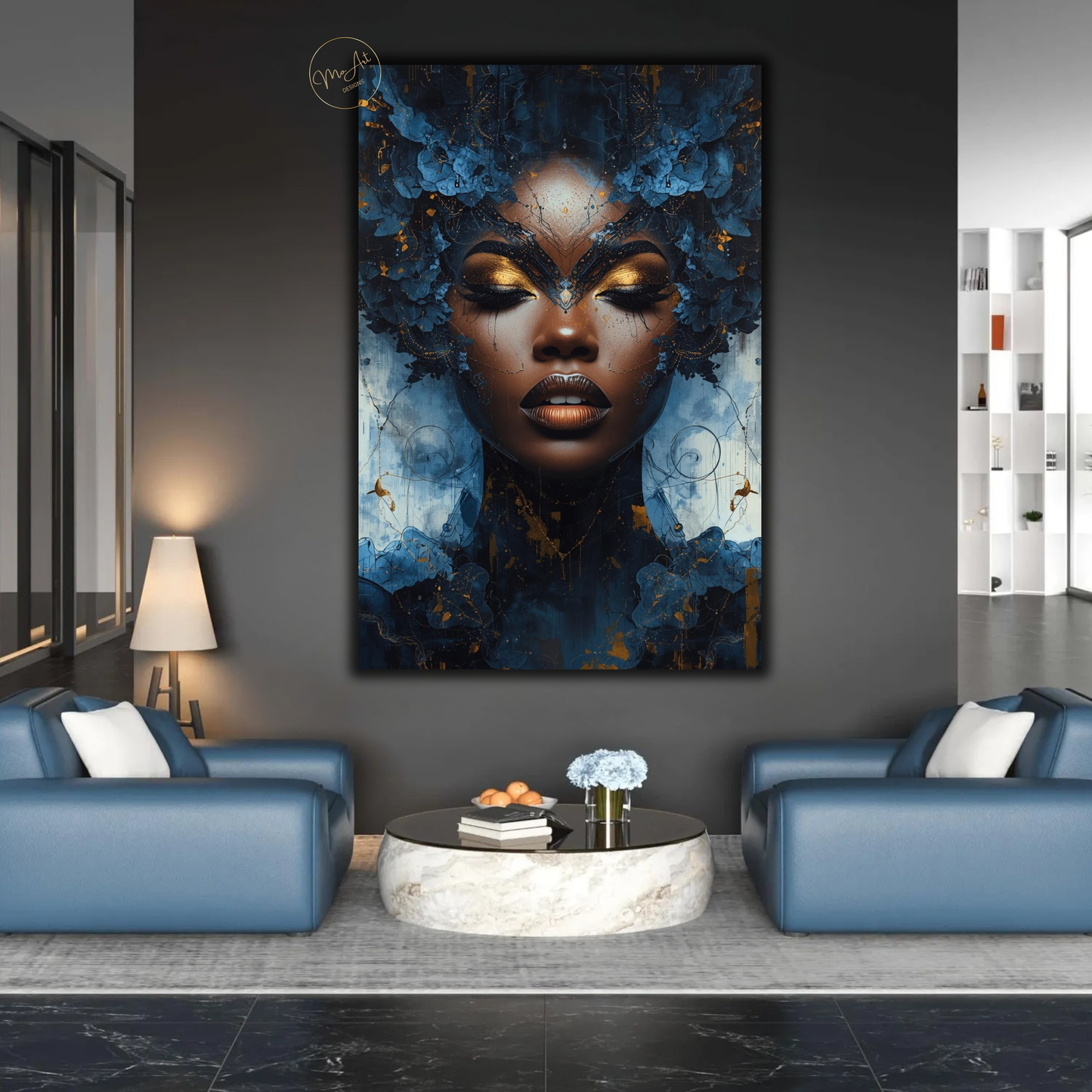 Afrocentric Black Woman Wall Art – Blue and Gold Abstract Canvas Print