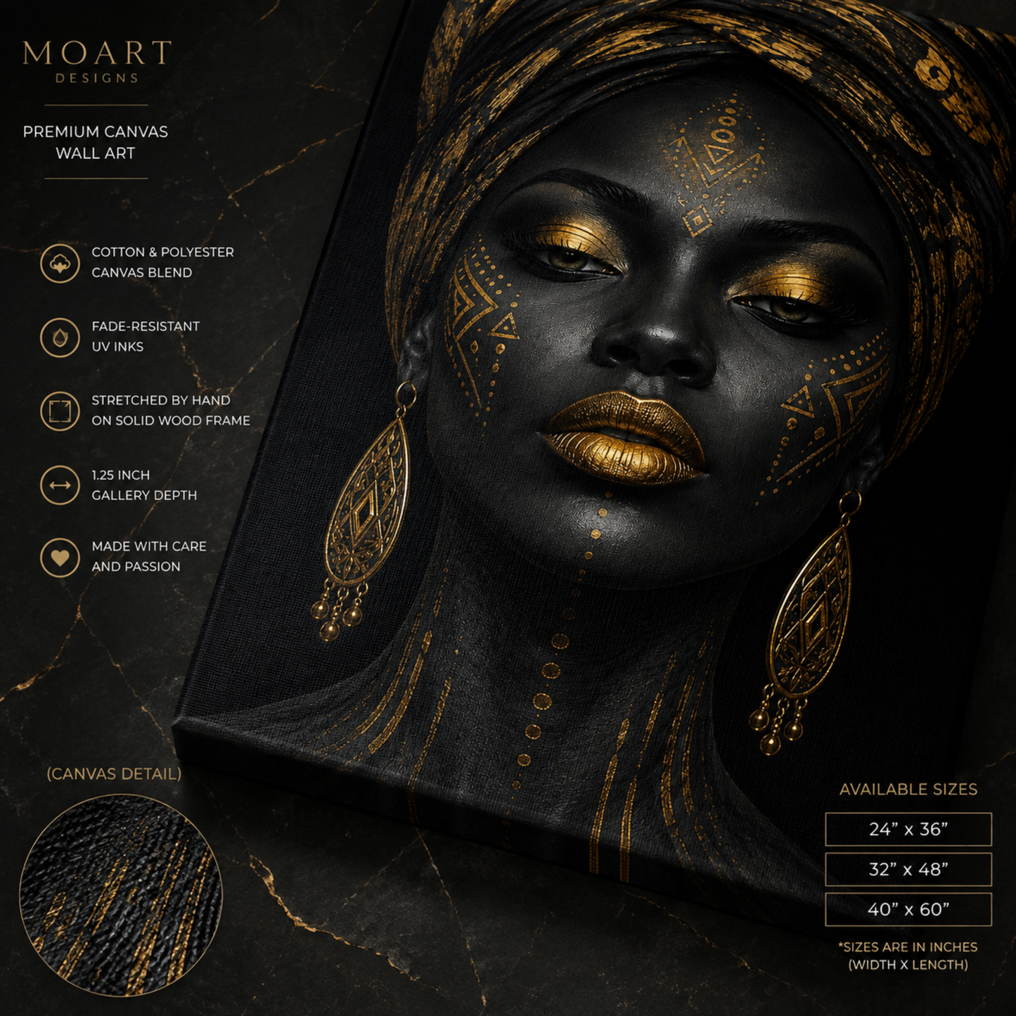 Black Woman Wall Art – Abstract Afrocentric Canvas Print | Black & Gold Wall Decor