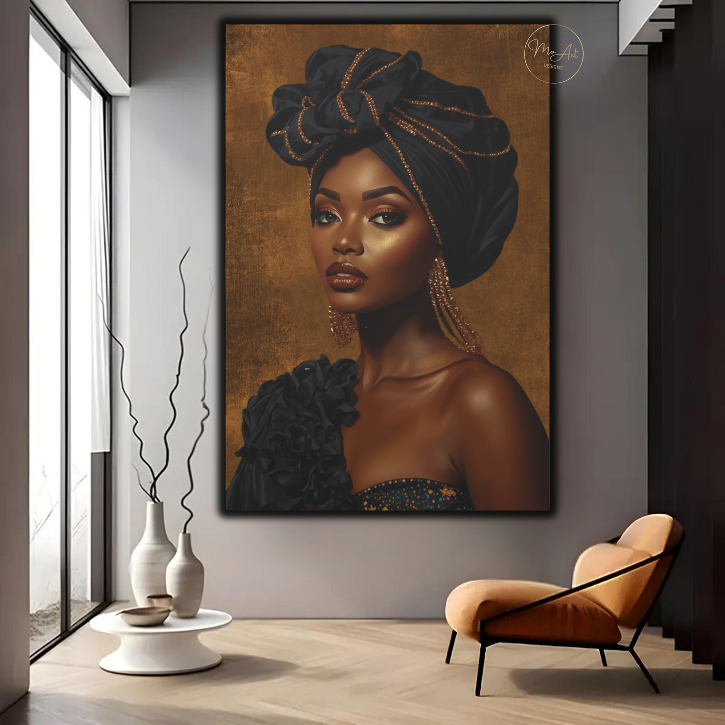 Black Woman Wall Art – Exquisite Beauty in Black & Gold Afrocentric Luxury Canvas Print