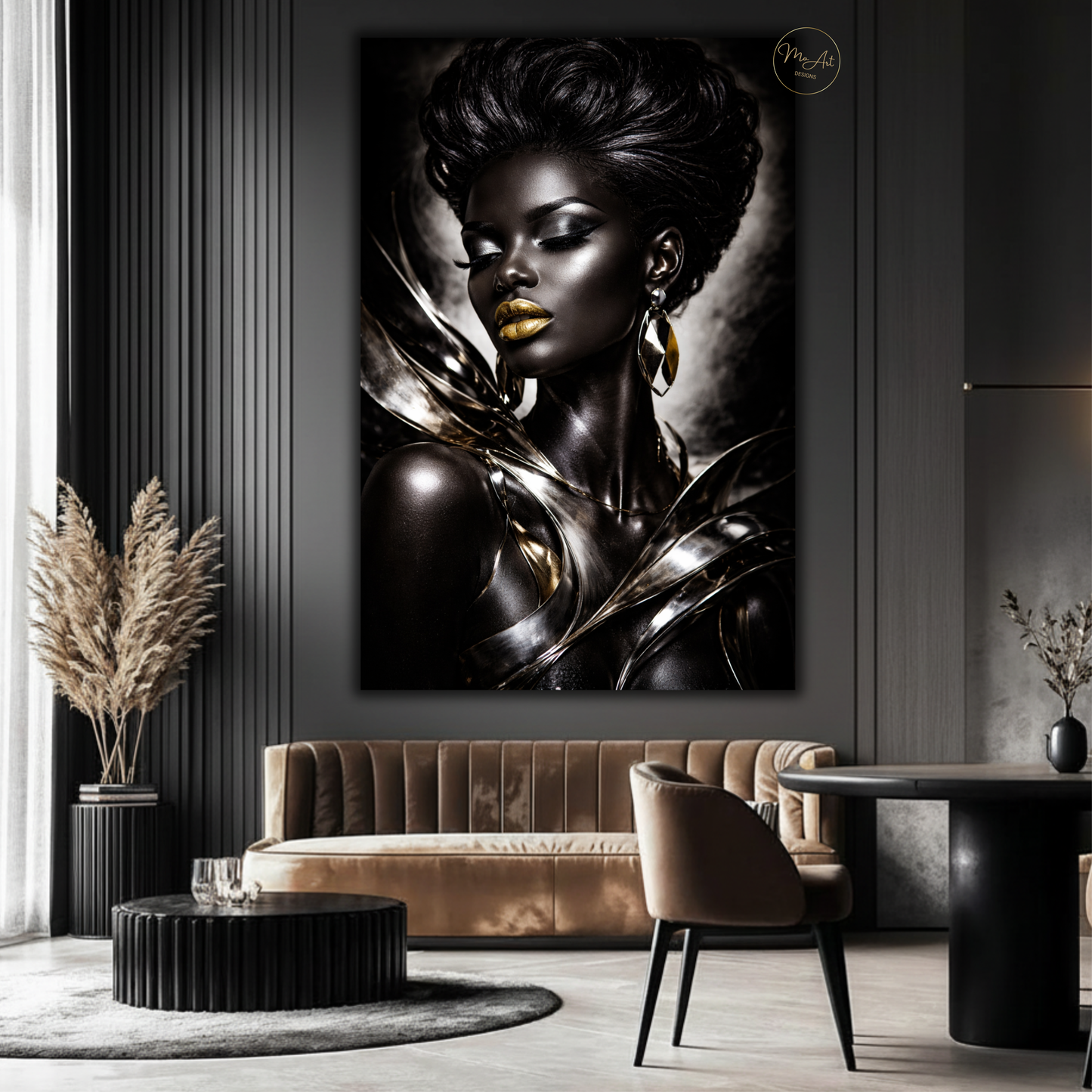 Black Woman Wall Art – Elegant Afrocentric Black & Silver Abstract Canvas Print