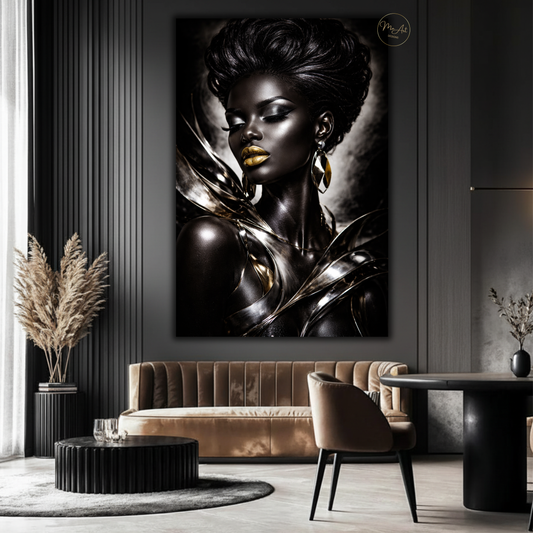Black Woman Wall Art – Elegant Afrocentric Black & Silver Abstract Canvas Print